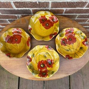 Fleur Rouge Nanette Vacher Ambiance Hand Painted Ruffled plate bowl 6 3/4 4 pc